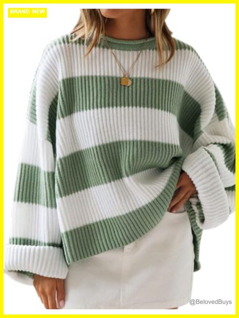 Oversized Striped Color Block Long Sleeve Crew Neck Pullover Sweater